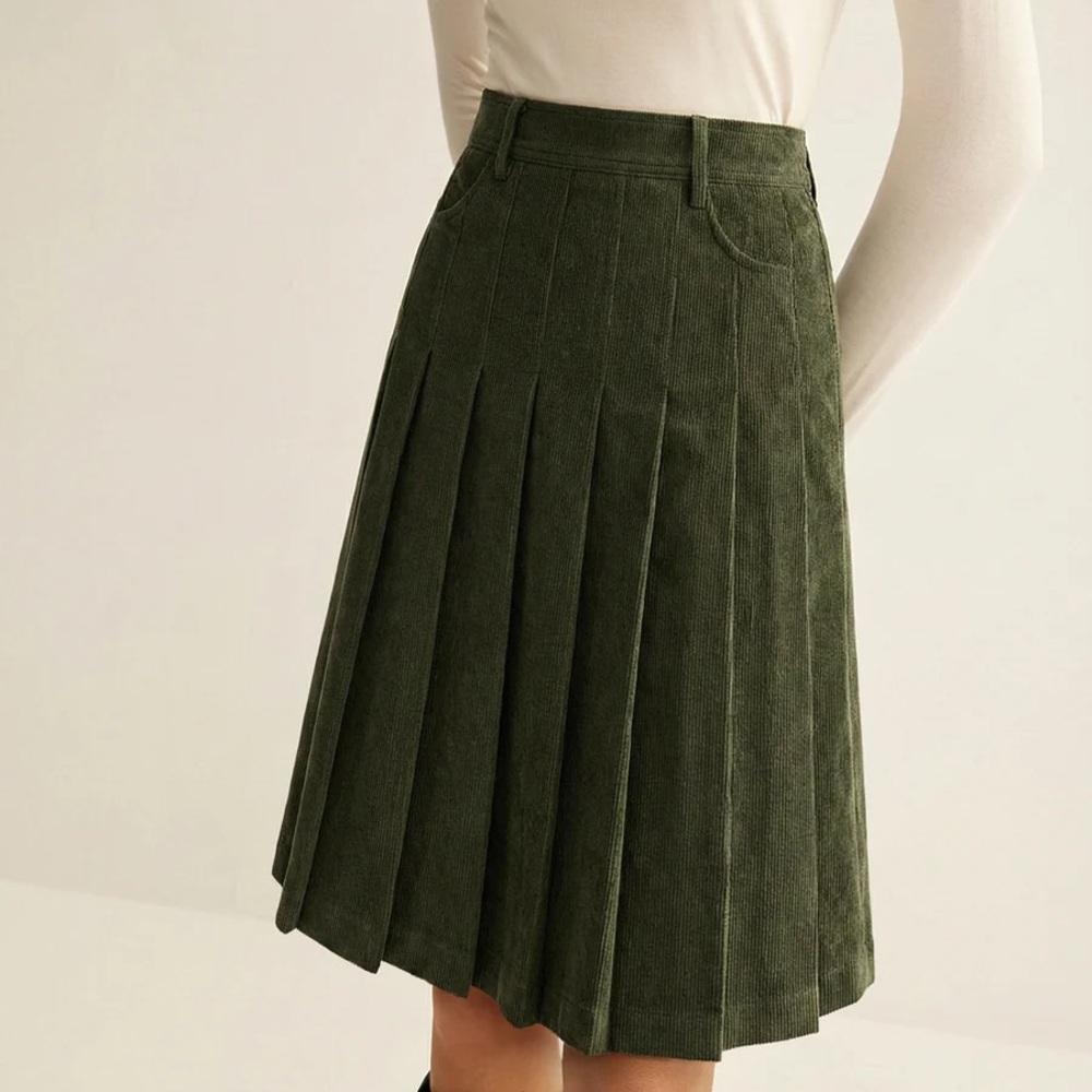 Commense Dark Green A-Line Pleated Skirt